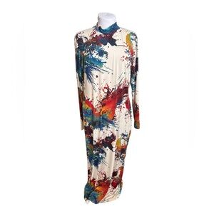 Abstract Print Mock Neck Maxi Dress Long Sleeve Stretch (No Size Tag)